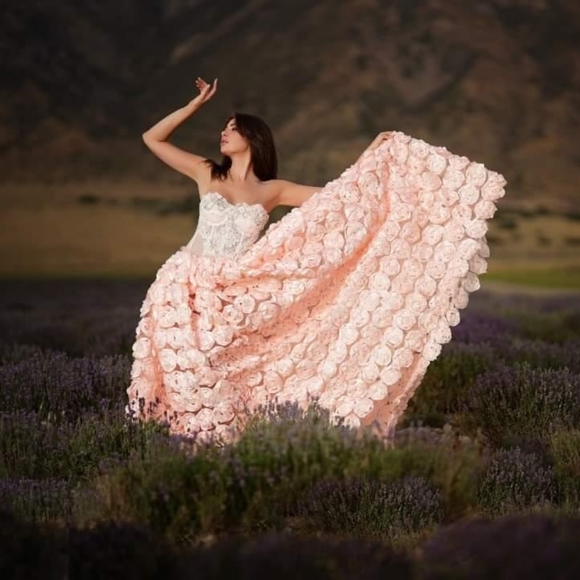 Sample Gown Only "BLOOM" Blush Ivory & Mint 3D Rosette Wedding Gown Set - Picture 4 of 14